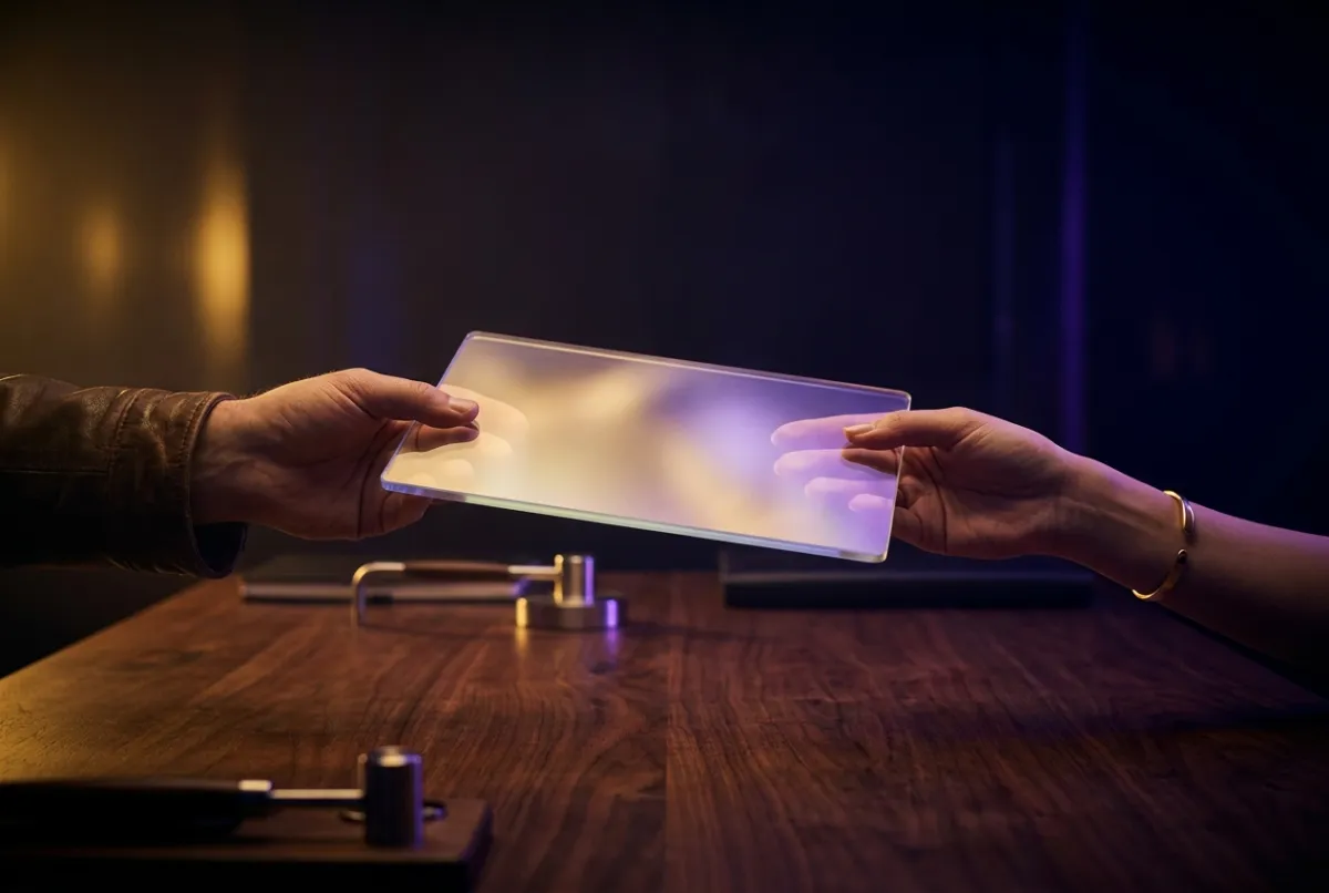 Two hands passing a glowing tablet across a desk