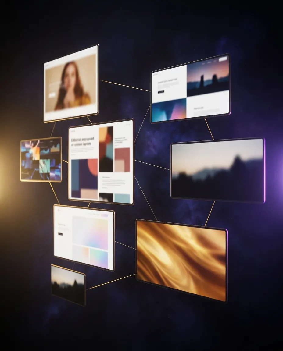 Floating web pages, each with a different layout and personality, joined by gold lines