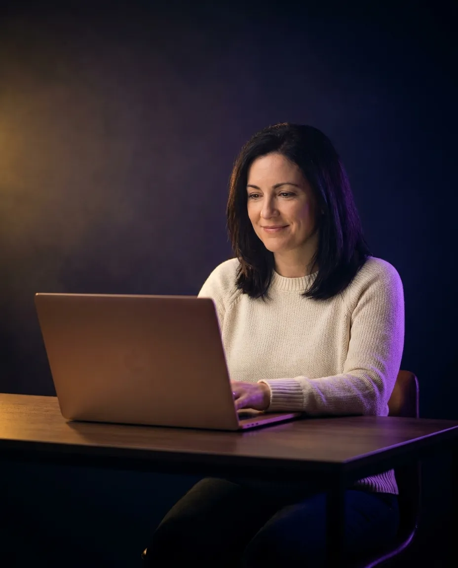A woman founder smiling at her laptop in a warmly lit dark studio