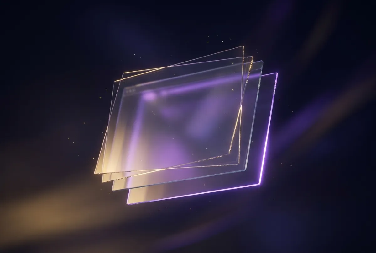 Layered glass panels forming a single web page, edged in gold light