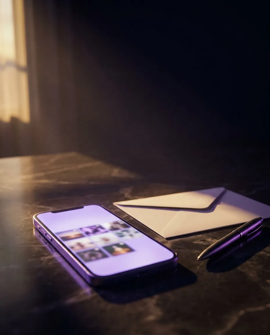 A phone glowing with a grid of photos on a dark marble desk beside an unopened envelope