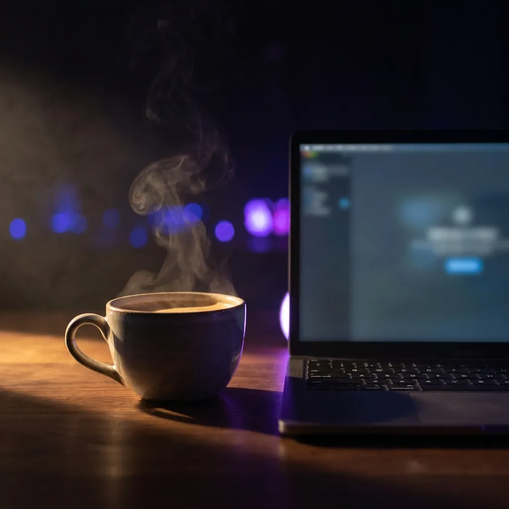 A cup of coffee steaming in warm light beside an open laptop