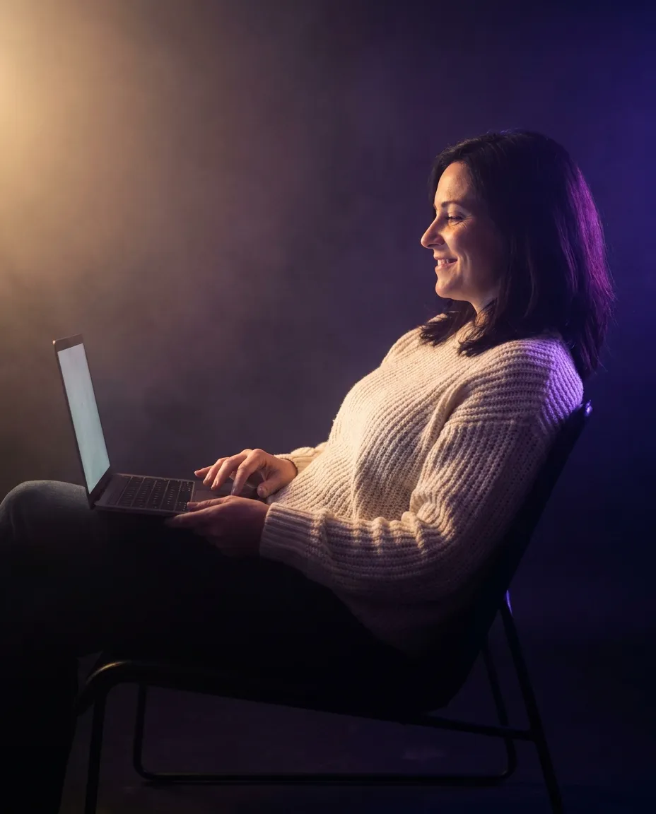 A woman founder leaning back from her laptop with a relaxed smile