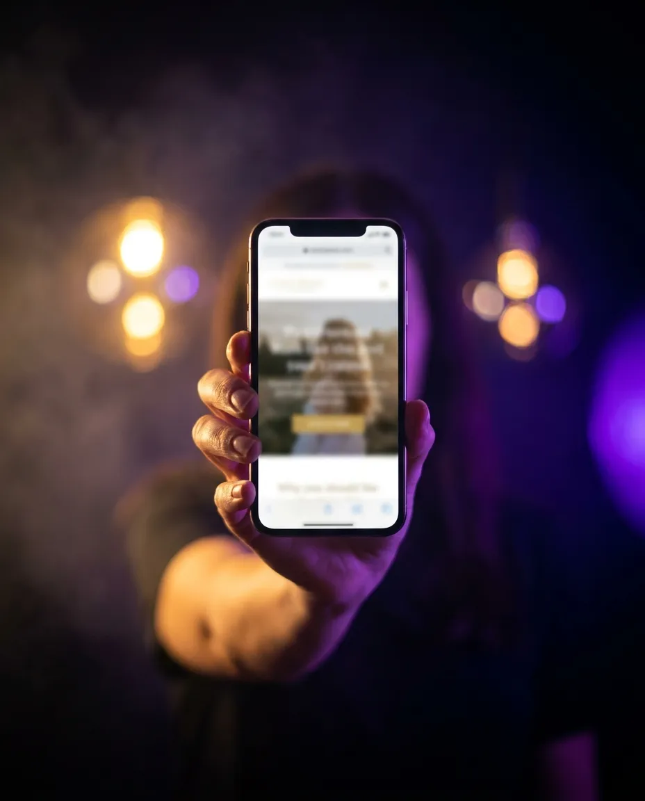 A hand holding up a phone showing a finished website