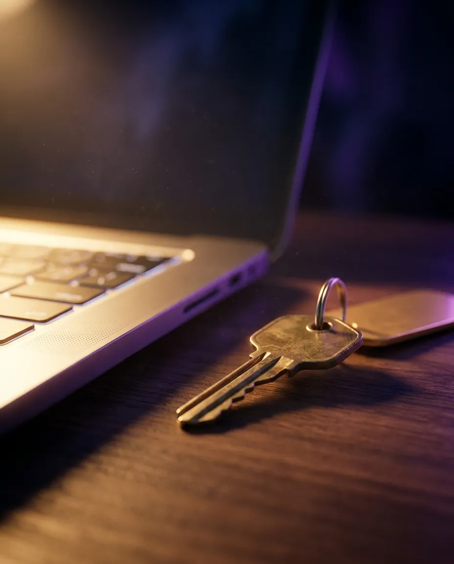 A brass key with a gold tag beside a glowing laptop keyboard