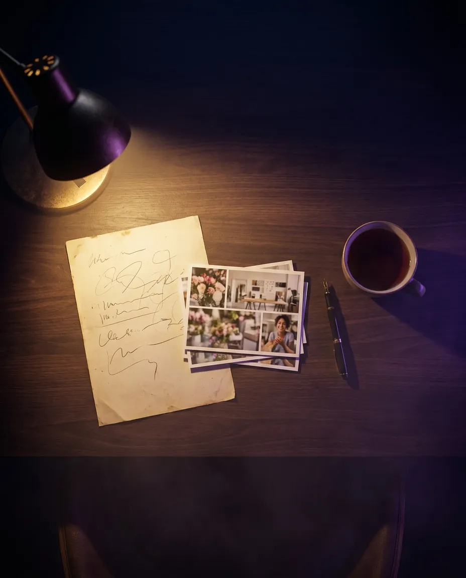 Handwritten notes and printed photographs laid out under a warm desk lamp