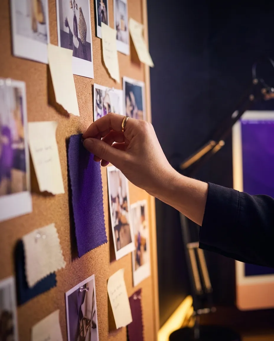 A hand pinning a violet swatch to a mood board of photographs