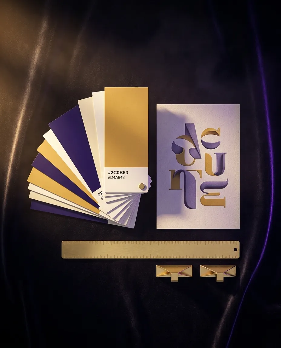 Violet, cream and gold swatch cards, a type specimen and a brass ruler on dark velvet