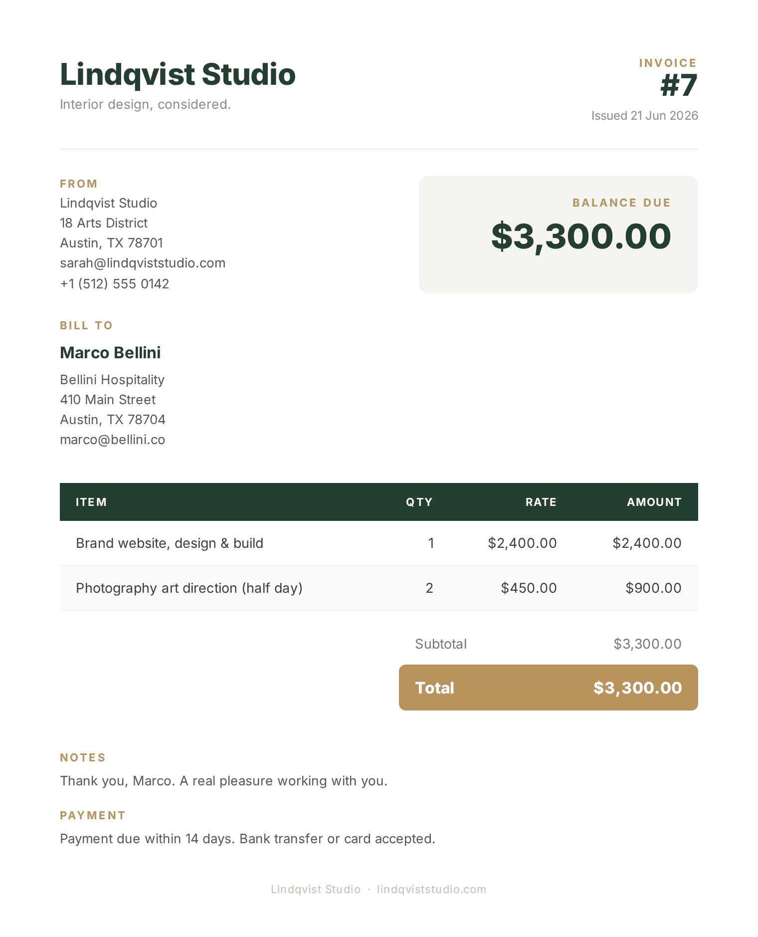 A branded invoice produced in seconds inside Claude