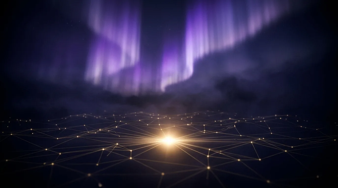 Aurora light over a network of golden nodes converging at one core
