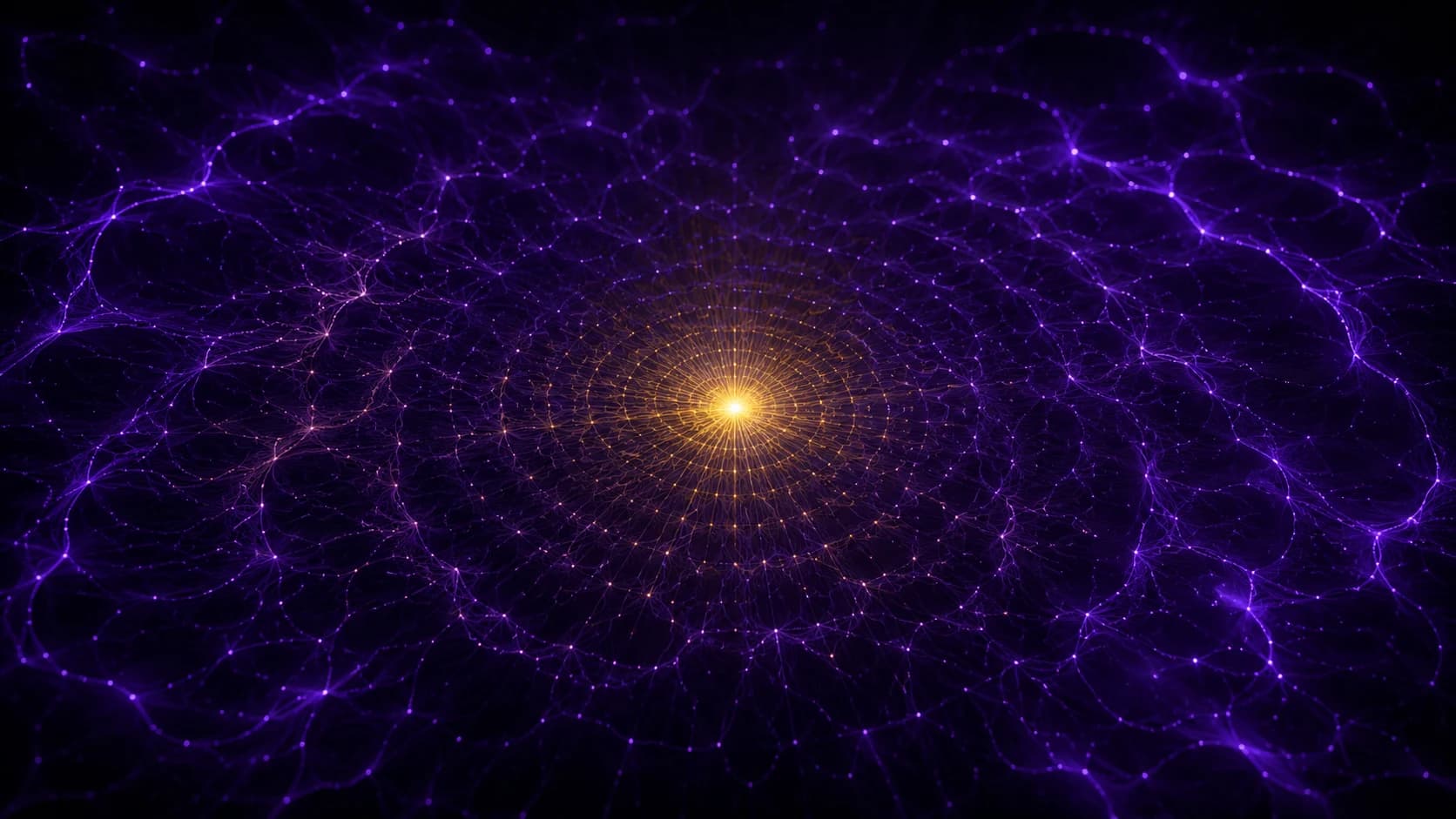 AI system spreading from a single point — violet and gold network